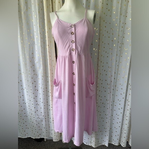 Good Luck Gem Nordstrom NWT Pink Button Down Sleeveless Midi Sun Dress Pockets S - Picture 4 of 10